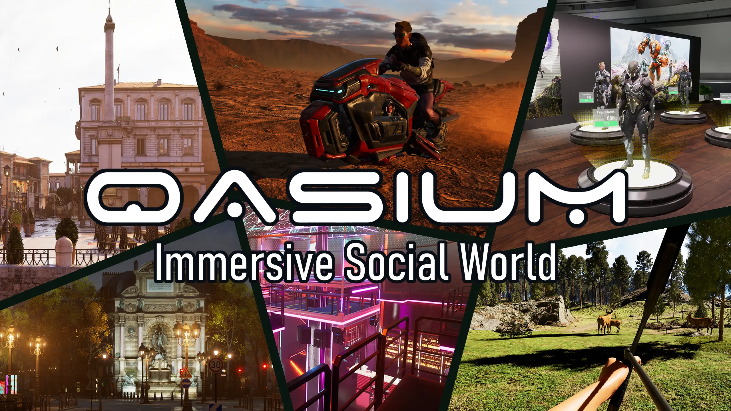 OASIUM worlds collage featuring a European city, a desert hoverbike, an avatar hub, a neon city, and forest exploration